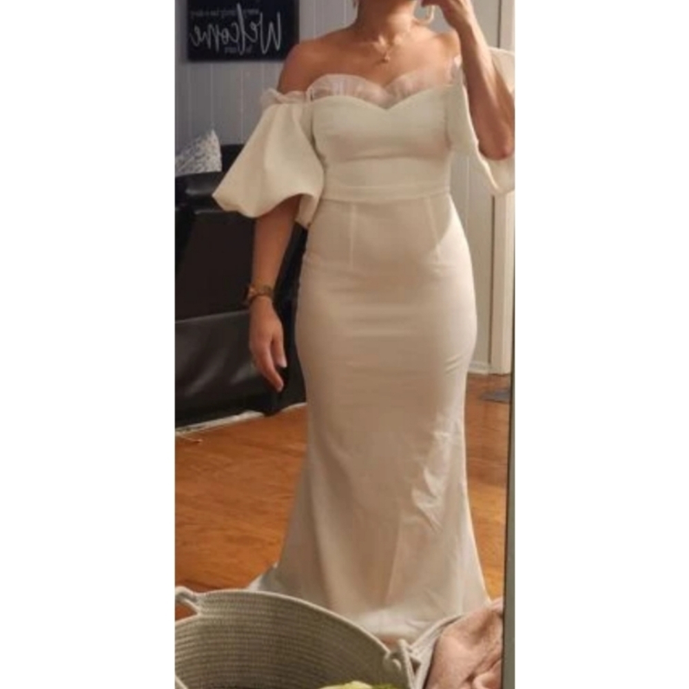 NEW Off Shoulder Contrast Mesh Mermaid Hem White Puff Sleeve Wedding Dre… - Picture 12 of 17